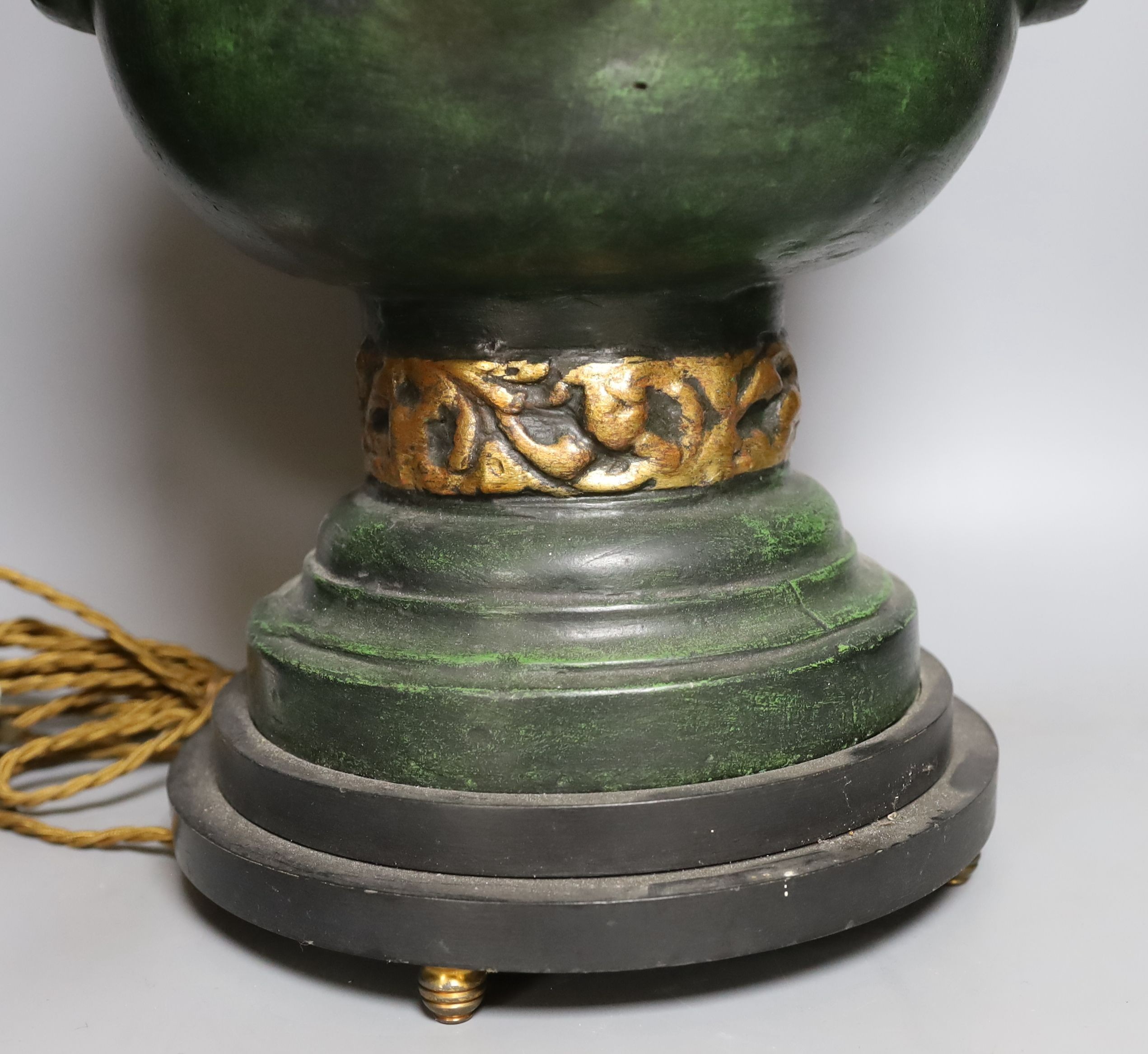 Two decorative gilt and green table lamps - tallest 65cm